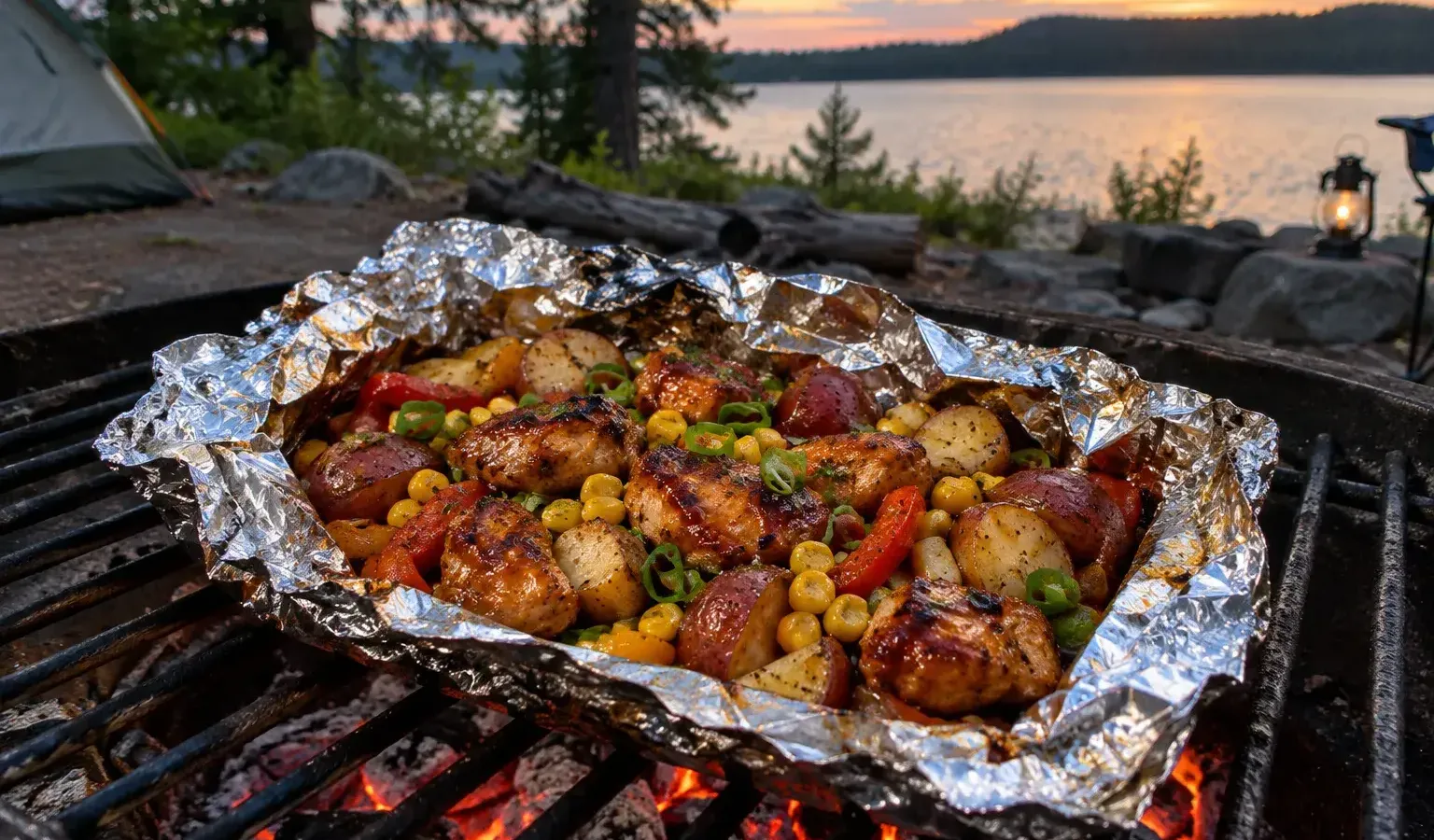 American Cookout Campfire BBQ Chicken Foil Packets with Corn and Red Potatoes