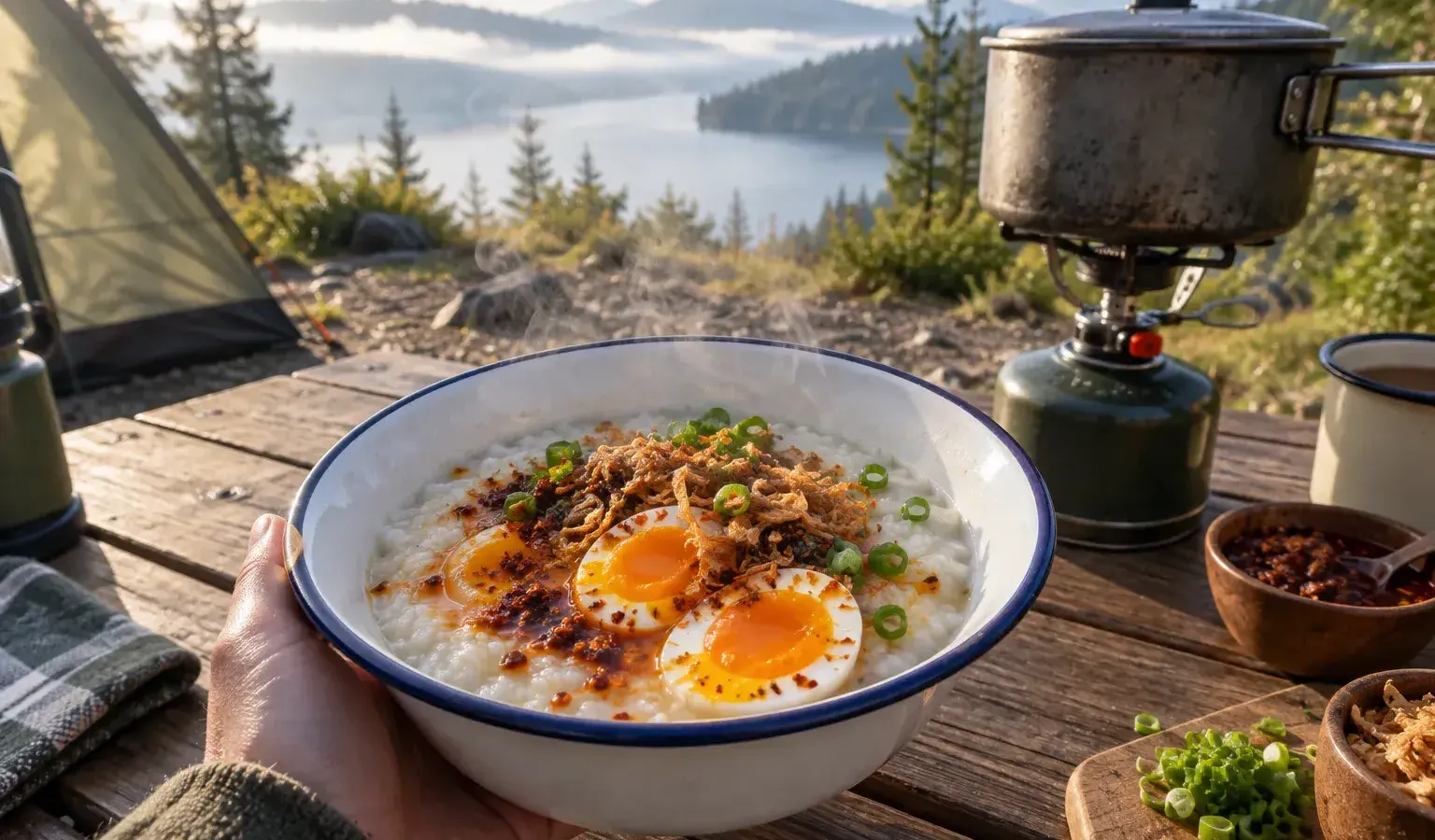 Camp Congee with Shiitake, Dried Shrimp, Soft Eggs and Chili Crisp