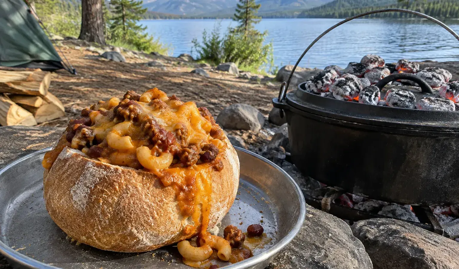 Camp Dutch Oven Bread Bowls Stuffed with Cheesy Chili Mac