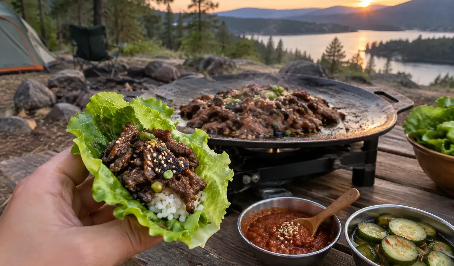 Camp Griddle Beef Bulgogi Lettuce Wraps with Ssamjang and Quick Pickled Cucumbers