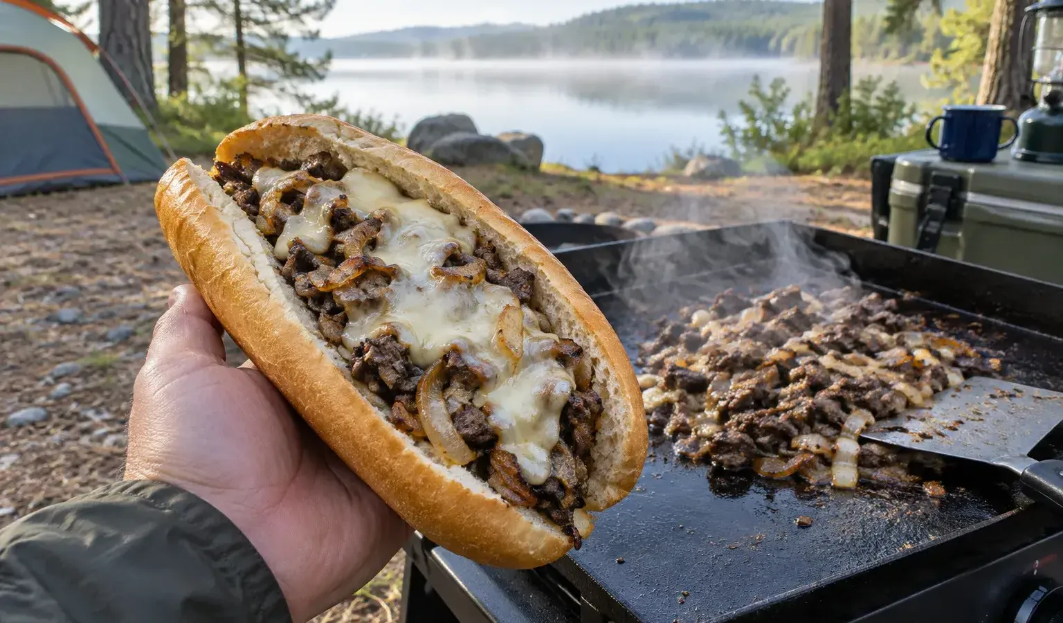 Camp Griddle Philly-Style Steak and Onion Sandwiches with Melted Provolone