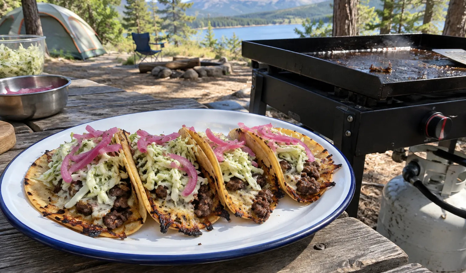 Camp Griddle Smash Tacos with Lime Slaw and Quick Pickled Onions
