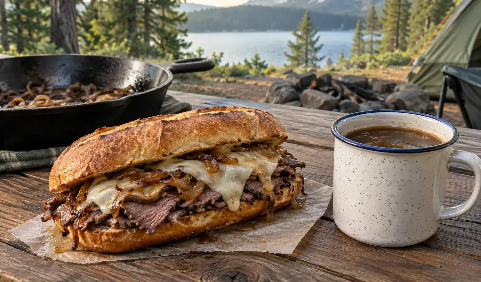 Camp Skillet French Dip Sandwiches with Caramelized Onion Jus and Provolone