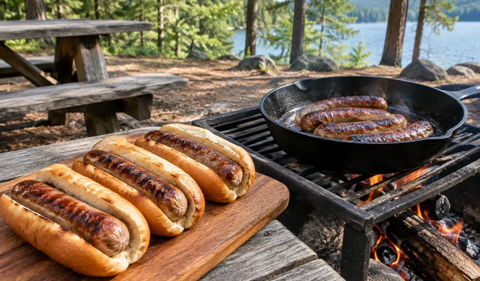 Campfire Beer-Simmered Brats in Cast Iron
