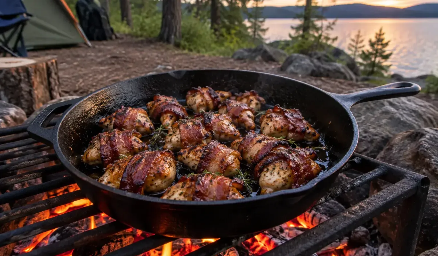 Campfire Brown Sugar Bacon-Wrapped Chicken Bites in Cast Iron