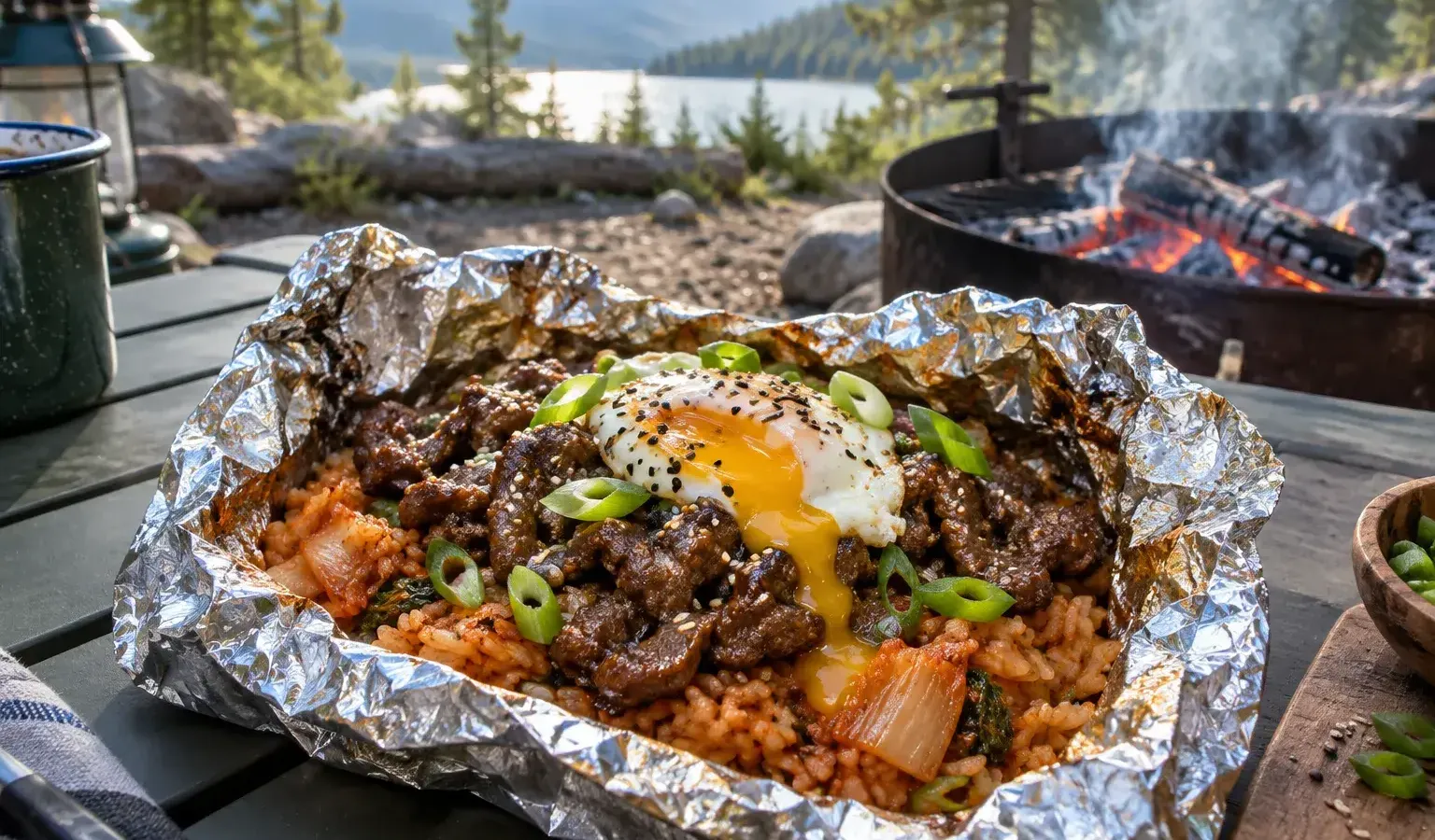 Campfire Bulgogi Kimchi Rice Foil Packets with Fried-Style Eggs