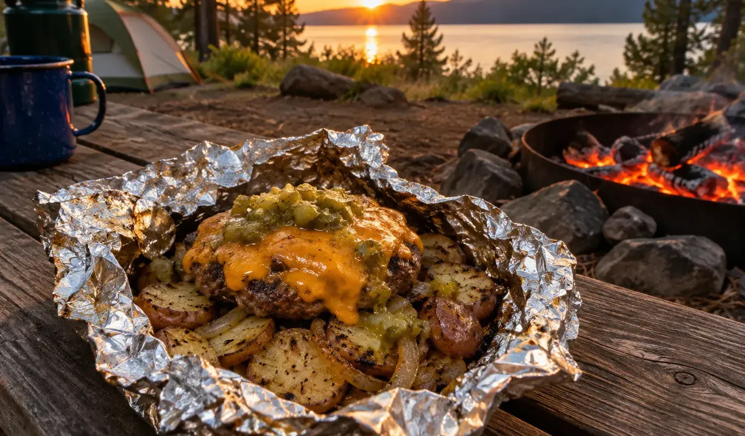 Campfire Cheeseburger Foil Packets with Potatoes, Onions and Pickle Sauce