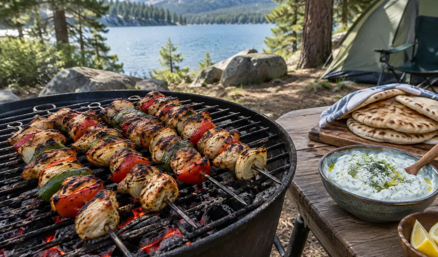 Campfire Chicken Souvlaki Skewers with Garlic Tzatziki and Grilled Pita