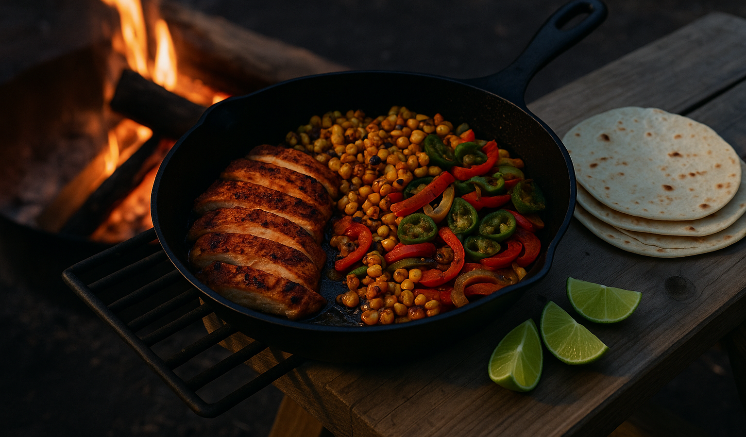 Campfire Chili-Lime Chicken Thighs with Charred Corn and Peppers