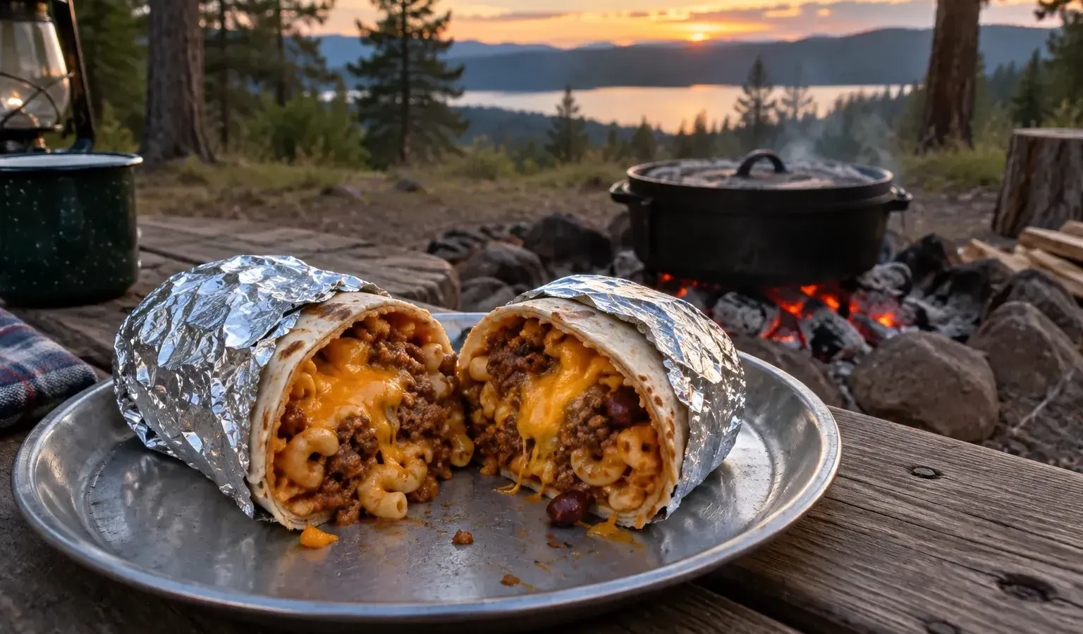 Campfire Chili Mac Burritos in Foil with Cheddar, Salsa and Sour Cream
