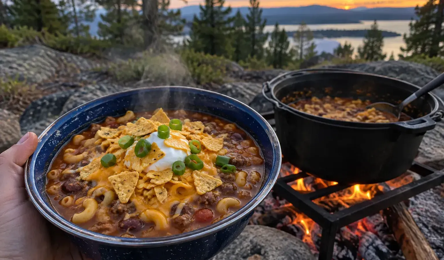 Campfire Chili Mac Soup in a Dutch Oven with Cheddar and Corn Chip Crunch