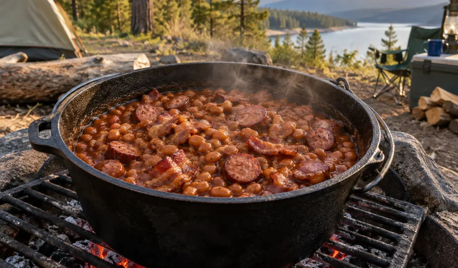 Campfire Cowboy Beans in a Dutch Oven with Bacon, Smoked Sausage and Brown Sugar