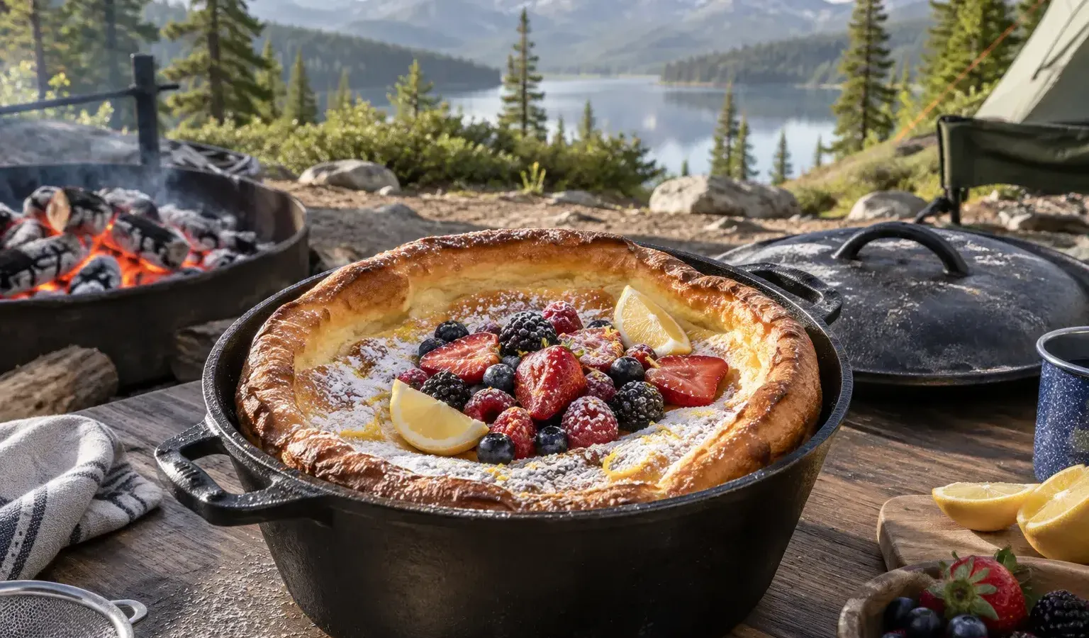 Campfire Dutch Baby Breakfast Puff with Lemon, Berries and Maple