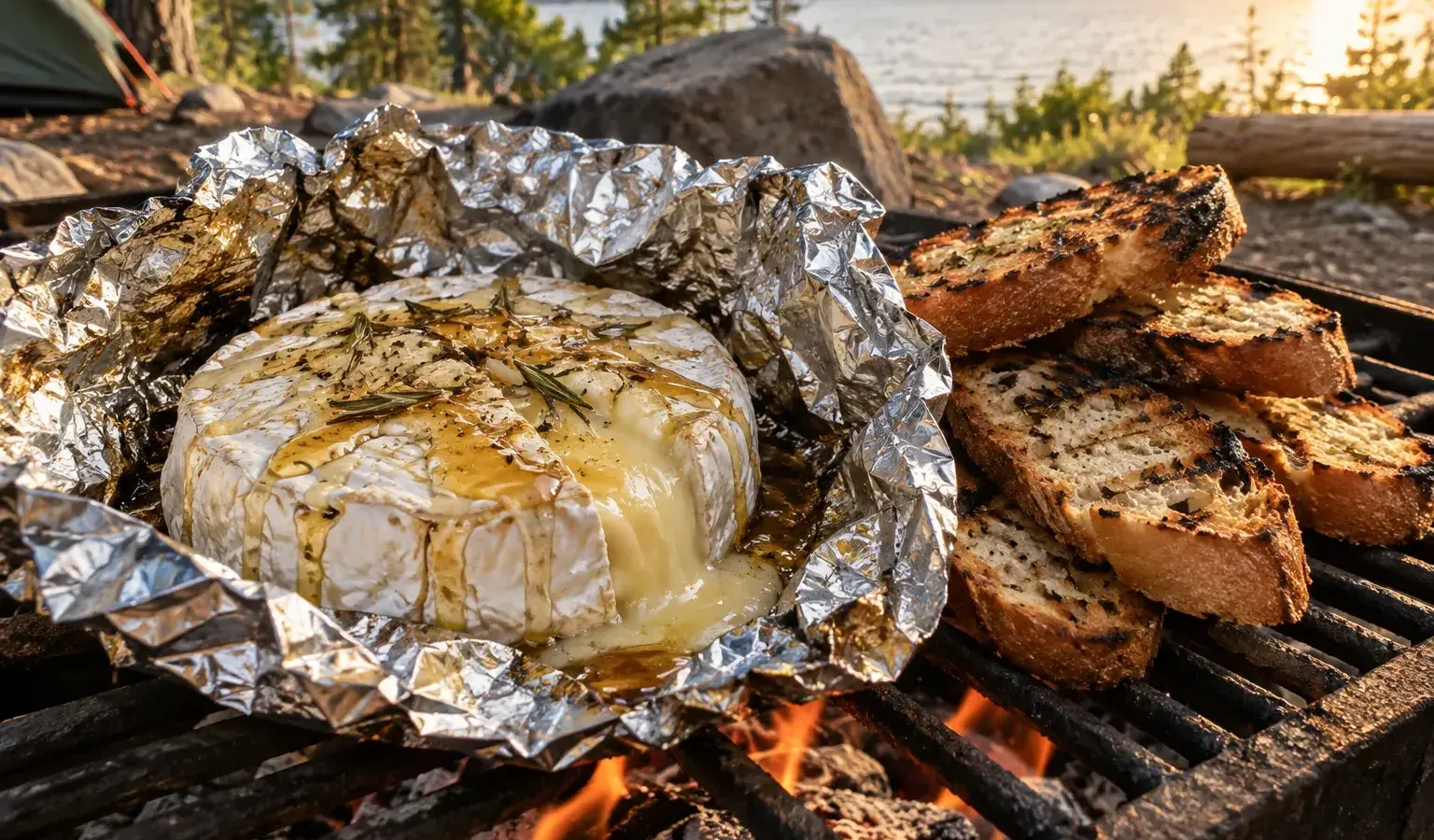 Campfire Foil Packet Baked Brie with Honey and Grilled Baguette