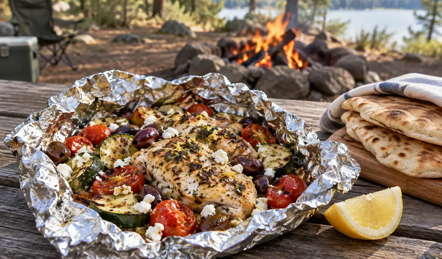 Campfire Greek Chicken Foil Packets with Zucchini, Tomatoes and Feta