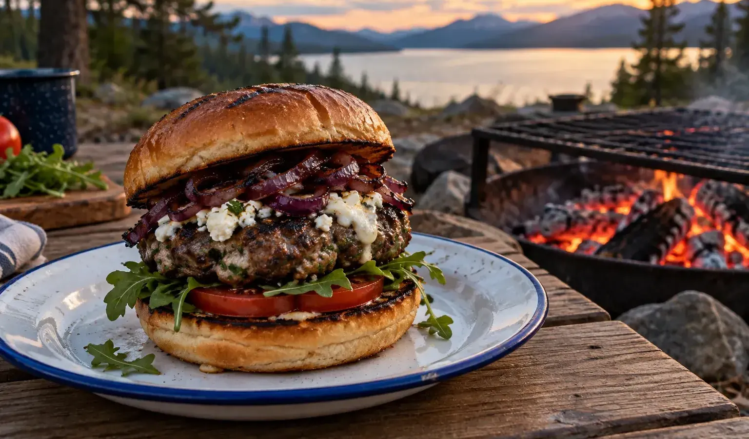 Campfire Greek Lamb Burgers with Feta, Cucumber-Yogurt Sauce and Skillet Red Onions