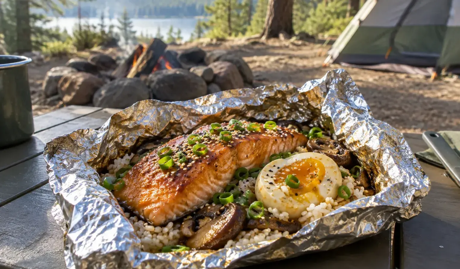 Campfire Miso-Butter Salmon Breakfast Foil Packets with Rice, Shiitake and Soft Eggs