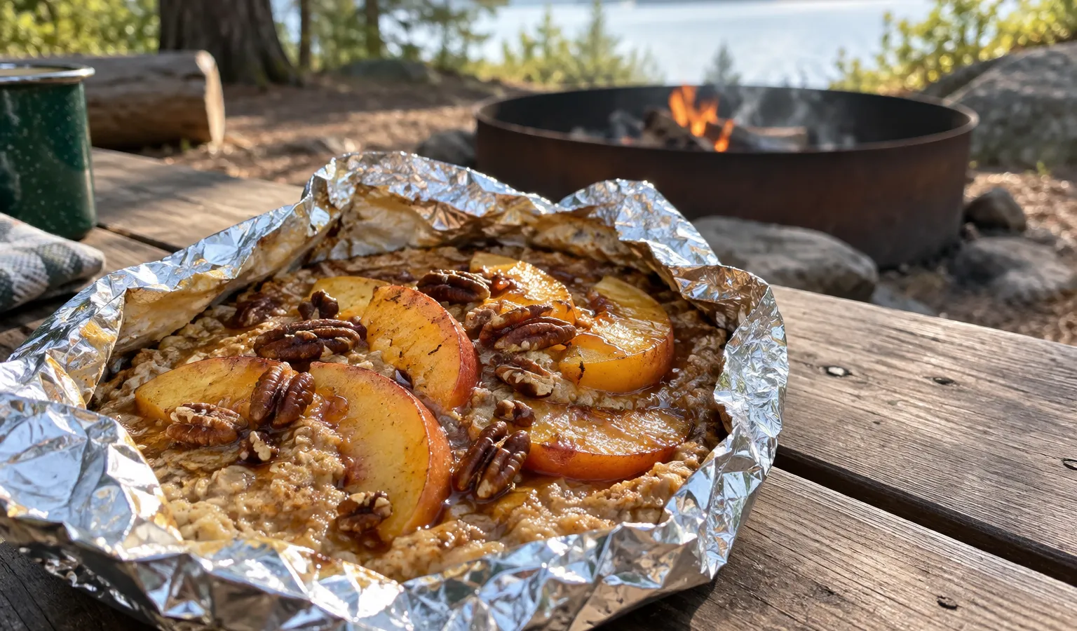 Campfire Peach Pecan Baked Oatmeal Foil Packets