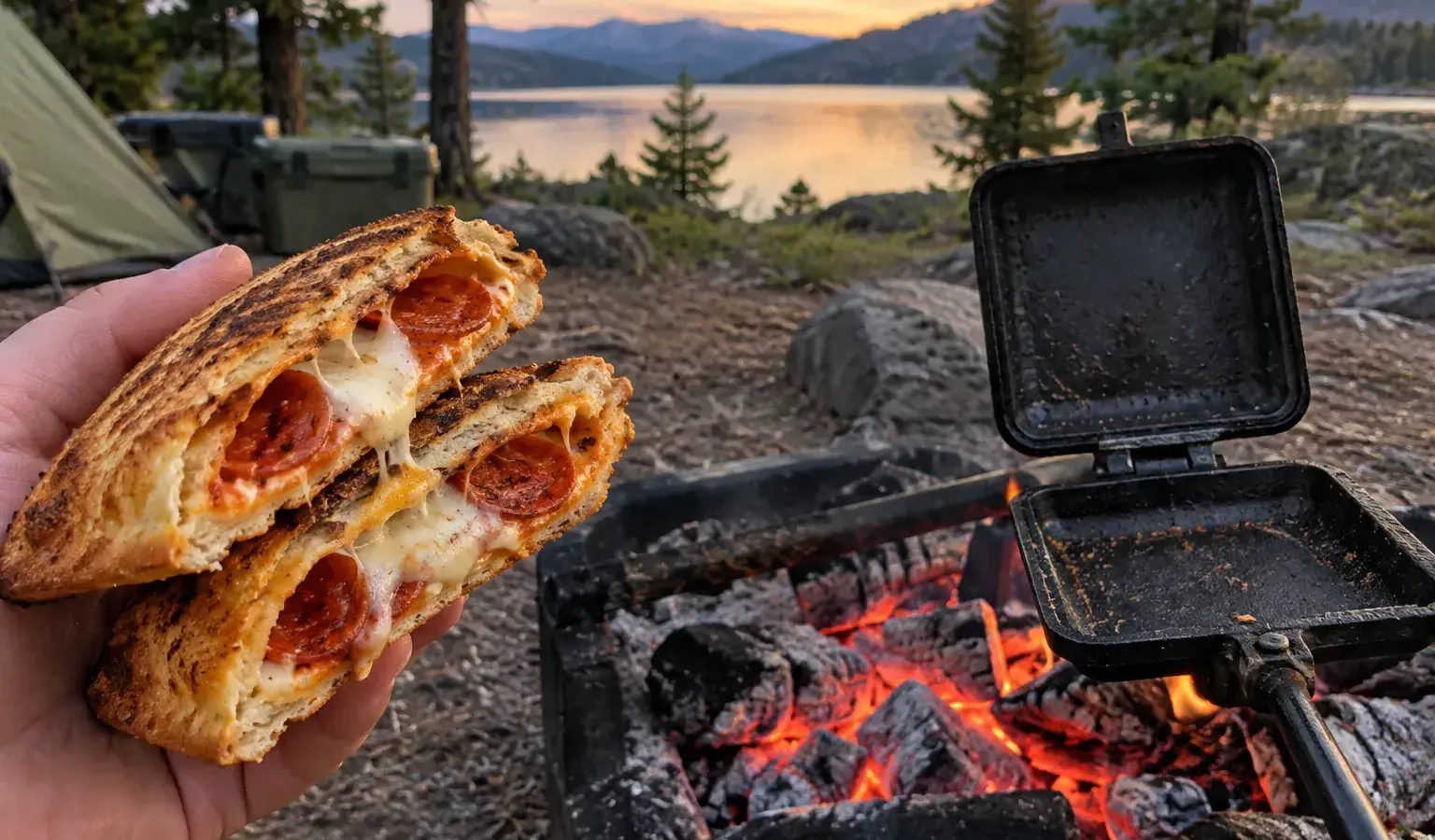 Campfire Pie Iron Pizza Pockets with Mozzarella and Pepperoni