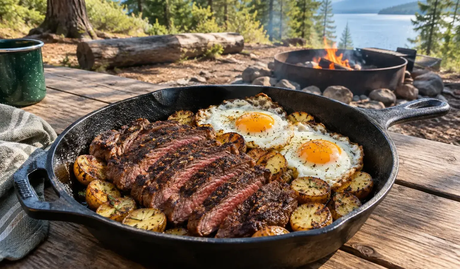 Campfire Reverse-Seared Ribeye and Eggs with Crispy Skillet Potatoes
