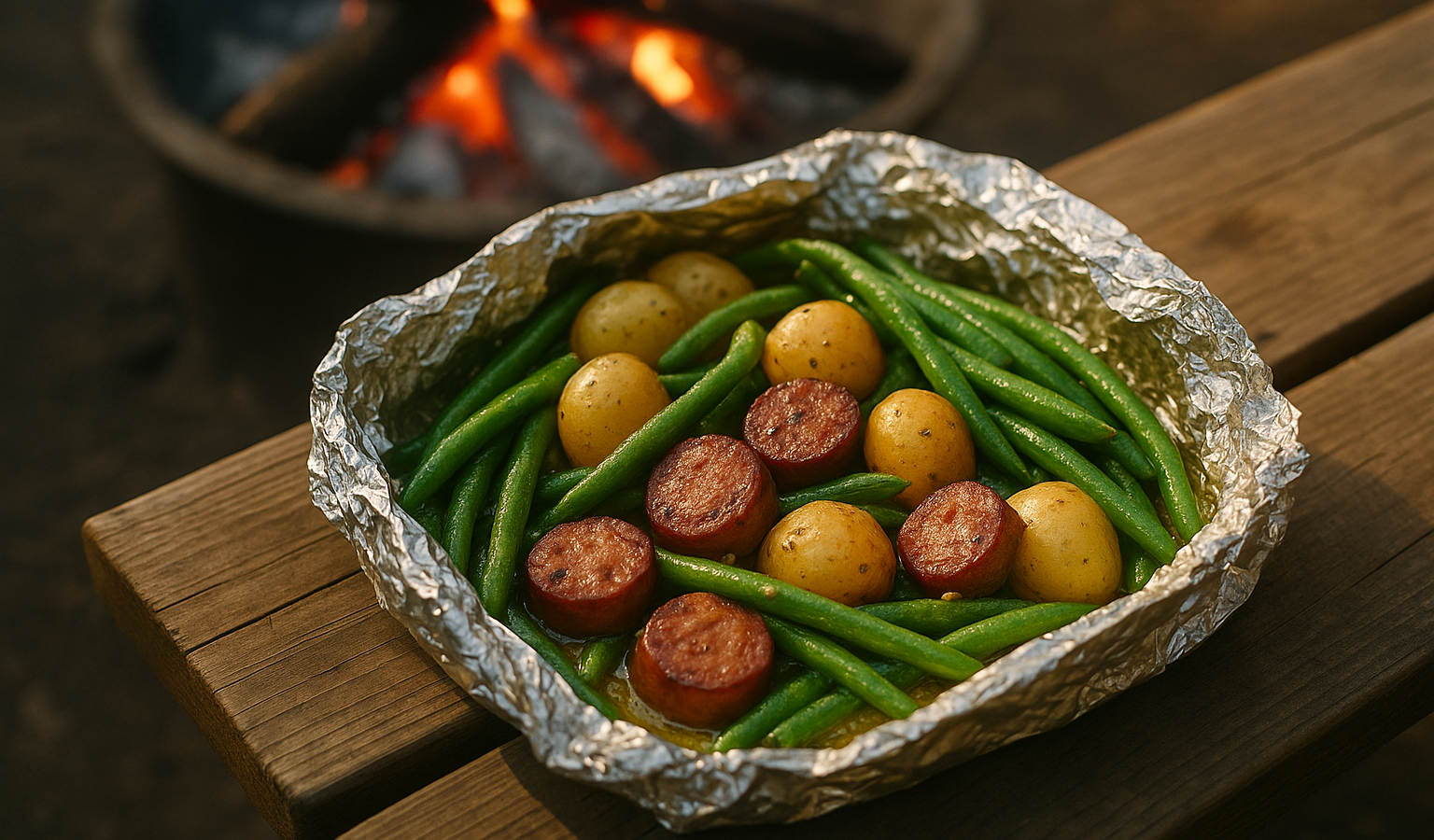 Campfire Sausage, Potato and Green Bean Foil Packets with Garlic Butter