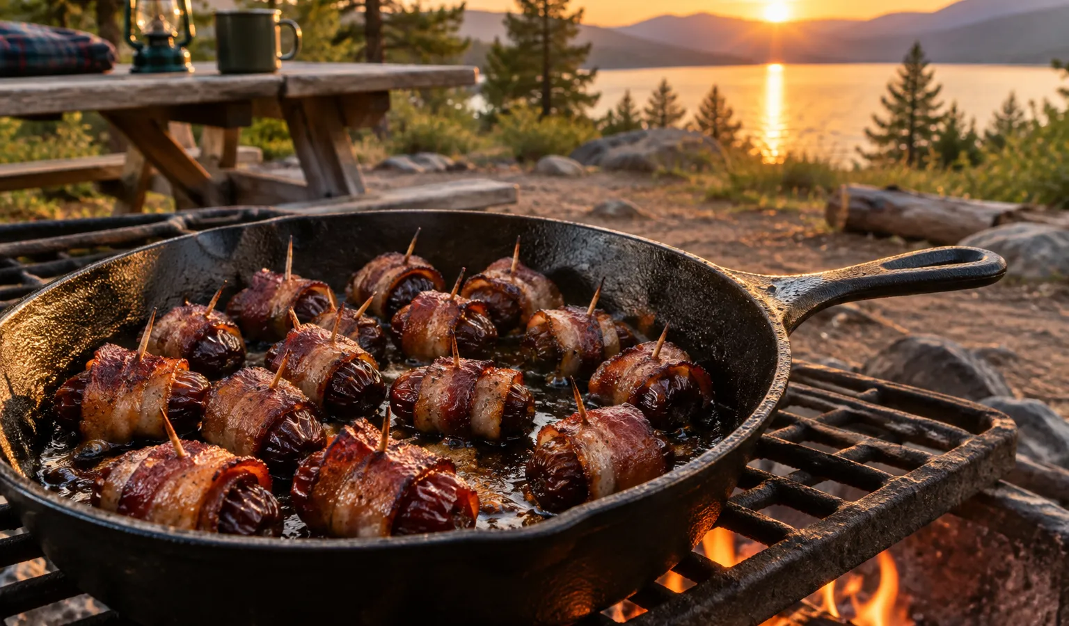 Campfire Skillet Bacon-Wrapped Almond-Stuffed Dates