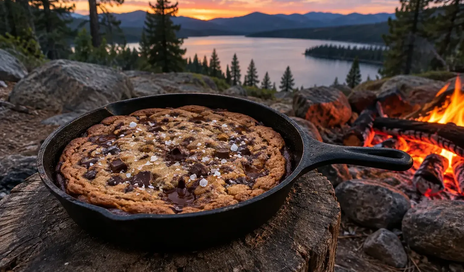 Campfire Skillet Chocolate Chunk Cookie with Flaky Sea Salt