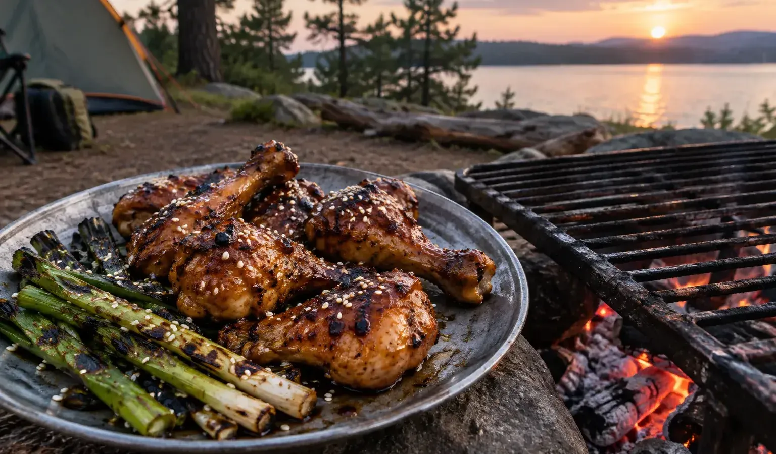 Campfire Sticky Honey-Garlic Chicken Drumsticks with Charred Scallions