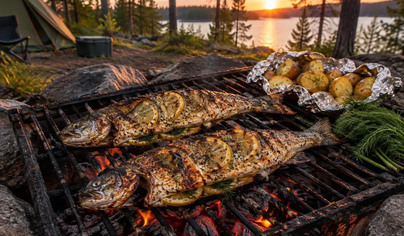 Campfire Whole Trout with Lemon-Dill Butter and Coal-Roasted Potatoes