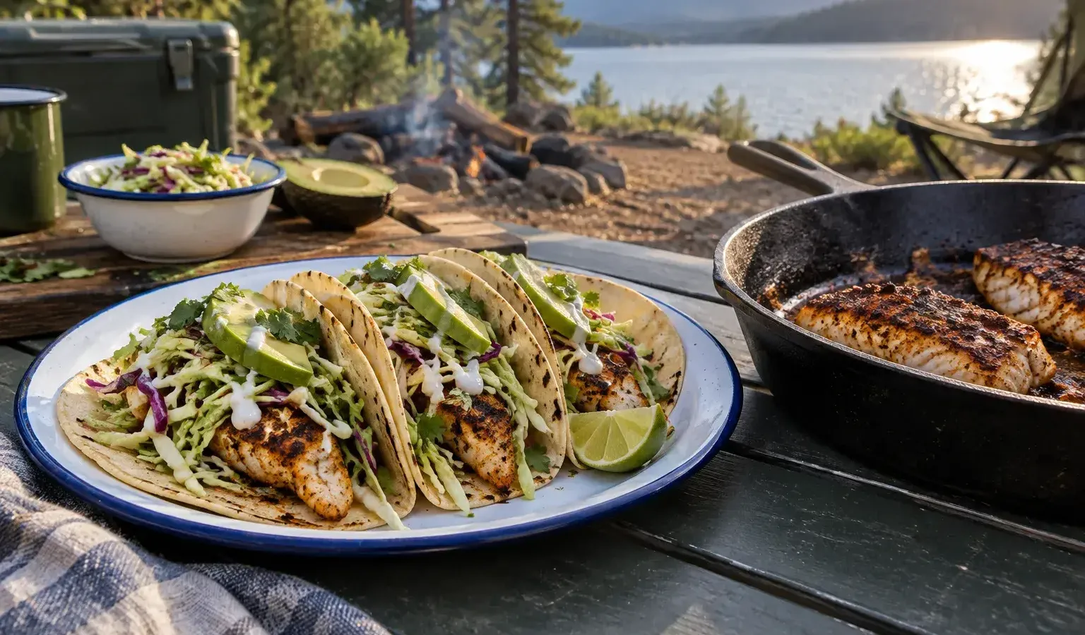 Car Camping Cast-Iron Baja Fish Tacos with Cabbage Slaw and Lime Crema