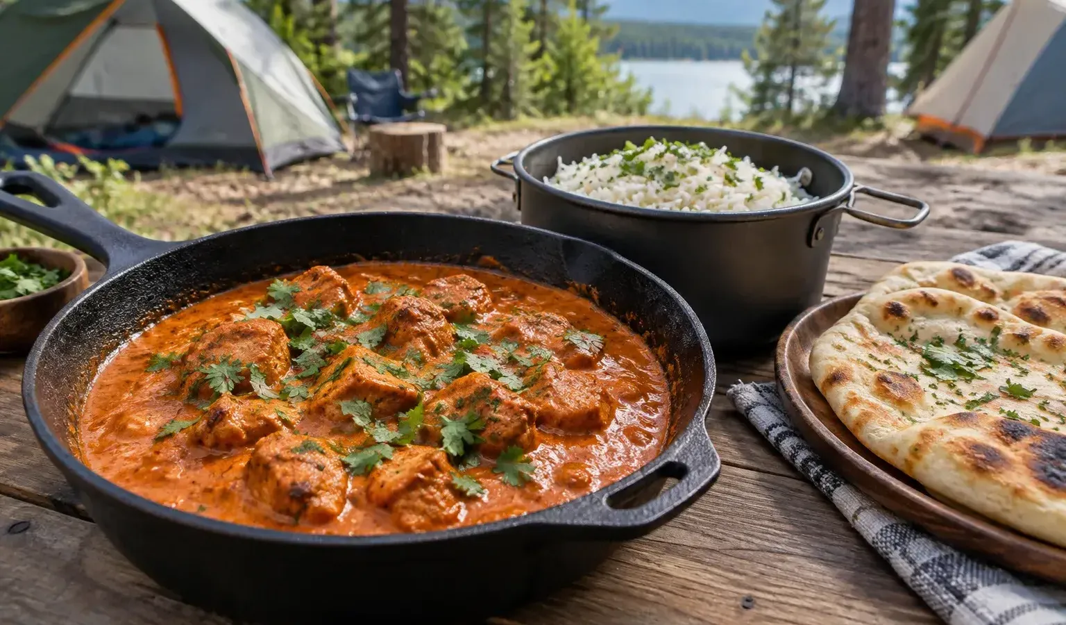 Car Camping Cast-Iron Butter Chicken with Basmati Rice and Warm Naan