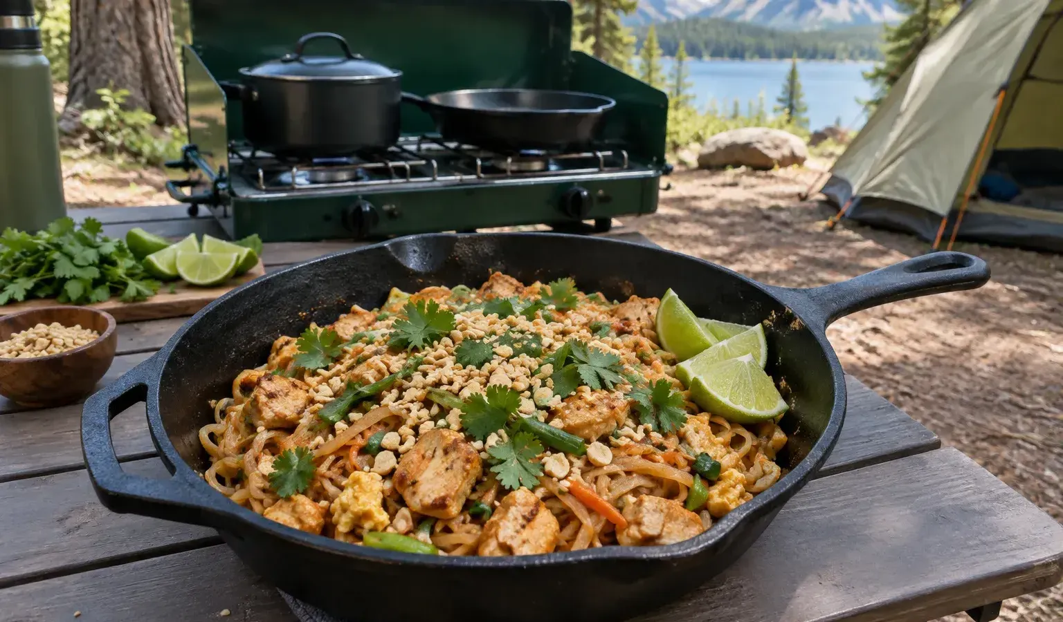 Car Camping Cast-Iron Chicken Pad Thai with Lime, Peanuts and Bean Sprouts