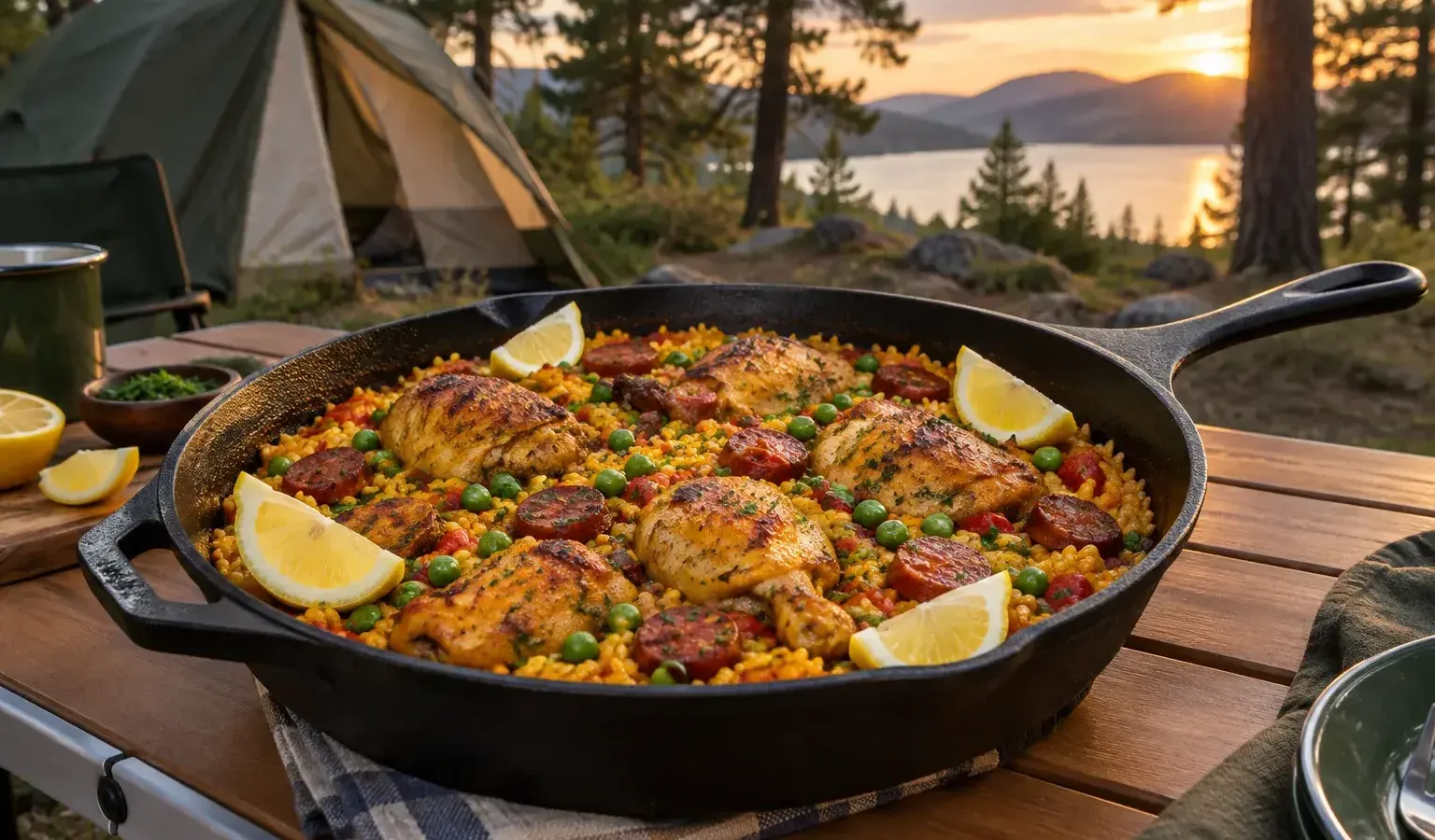 Car Camping Chicken and Chorizo Paella in a Cast-Iron Skillet with Saffron and Peas