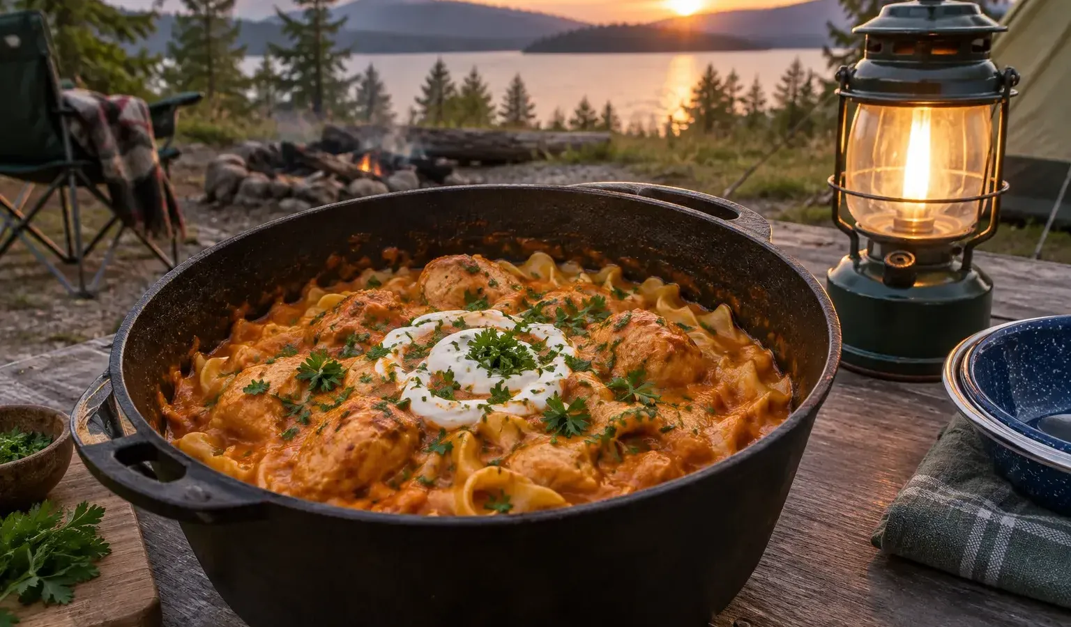 Car Camping Chicken Paprikash with Egg Noodles and Sour Cream in One Pot