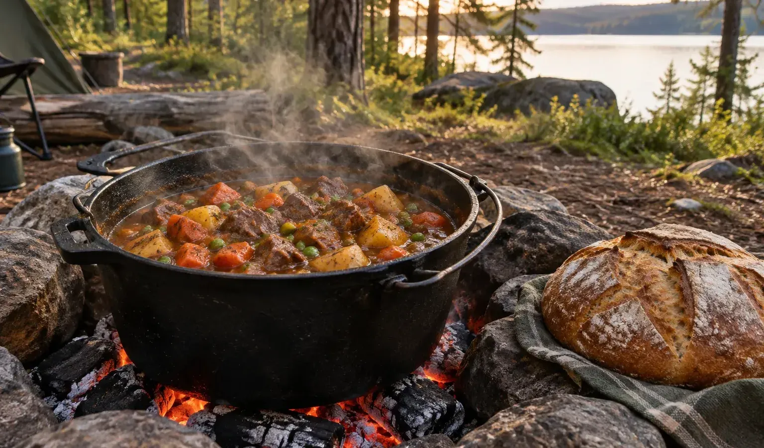 Car Camping Dutch Oven Beef Stew with Red Wine, Carrots and Potatoes