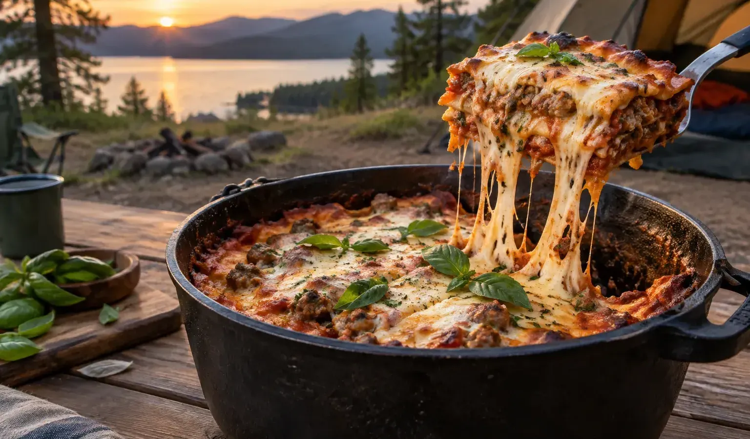 Car Camping Dutch Oven Sausage Lasagna with Ricotta and Basil