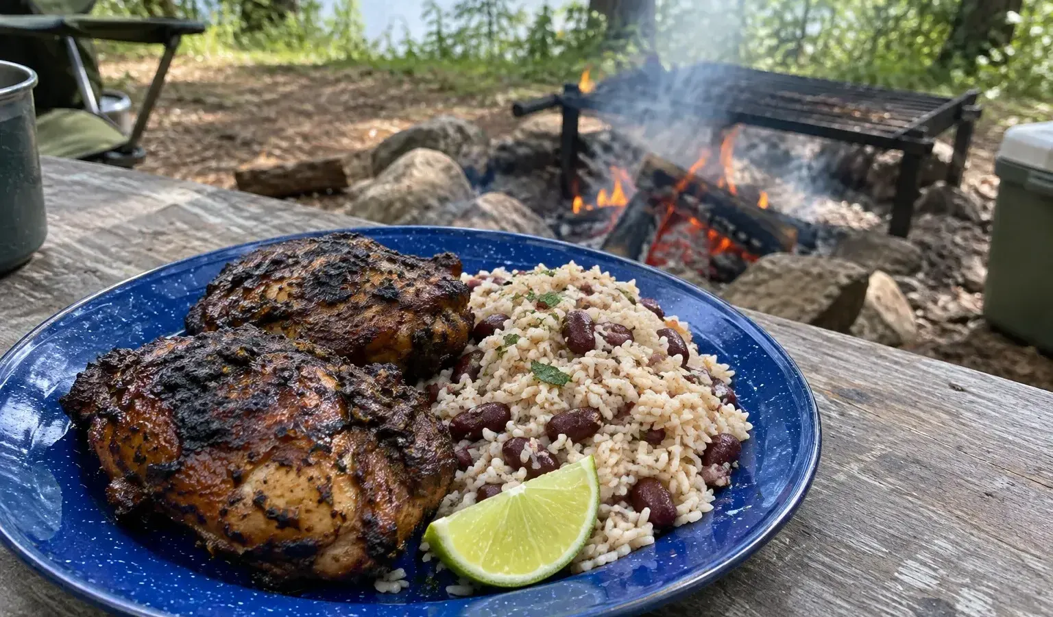 Car Camping Jerk-Style Chicken Thighs with Coconut Rice and Beans over the Campfire