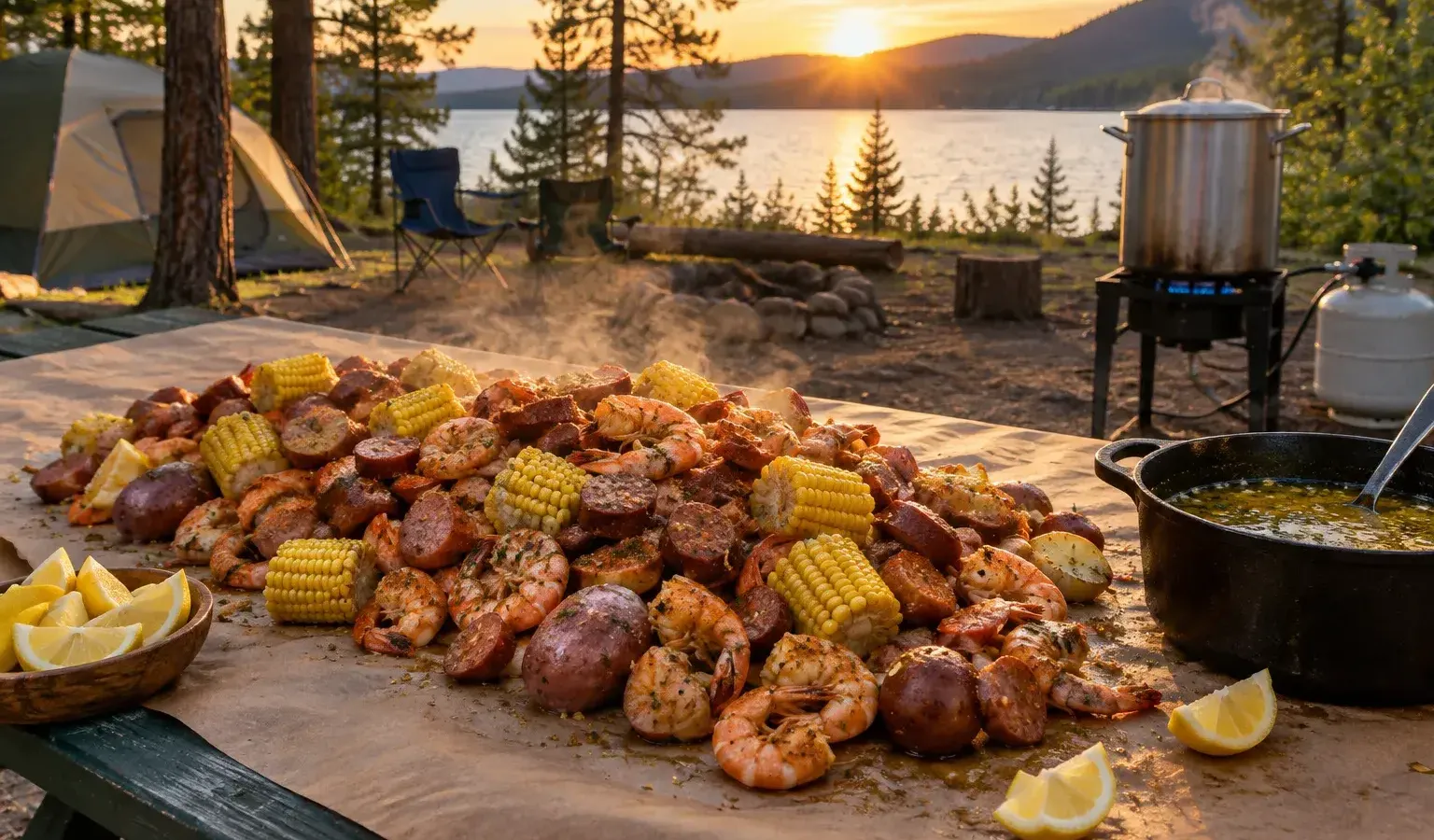 Car Camping Low-Country Boil with Shrimp, Smoked Sausage, Corn and Potatoes for a Crowd
