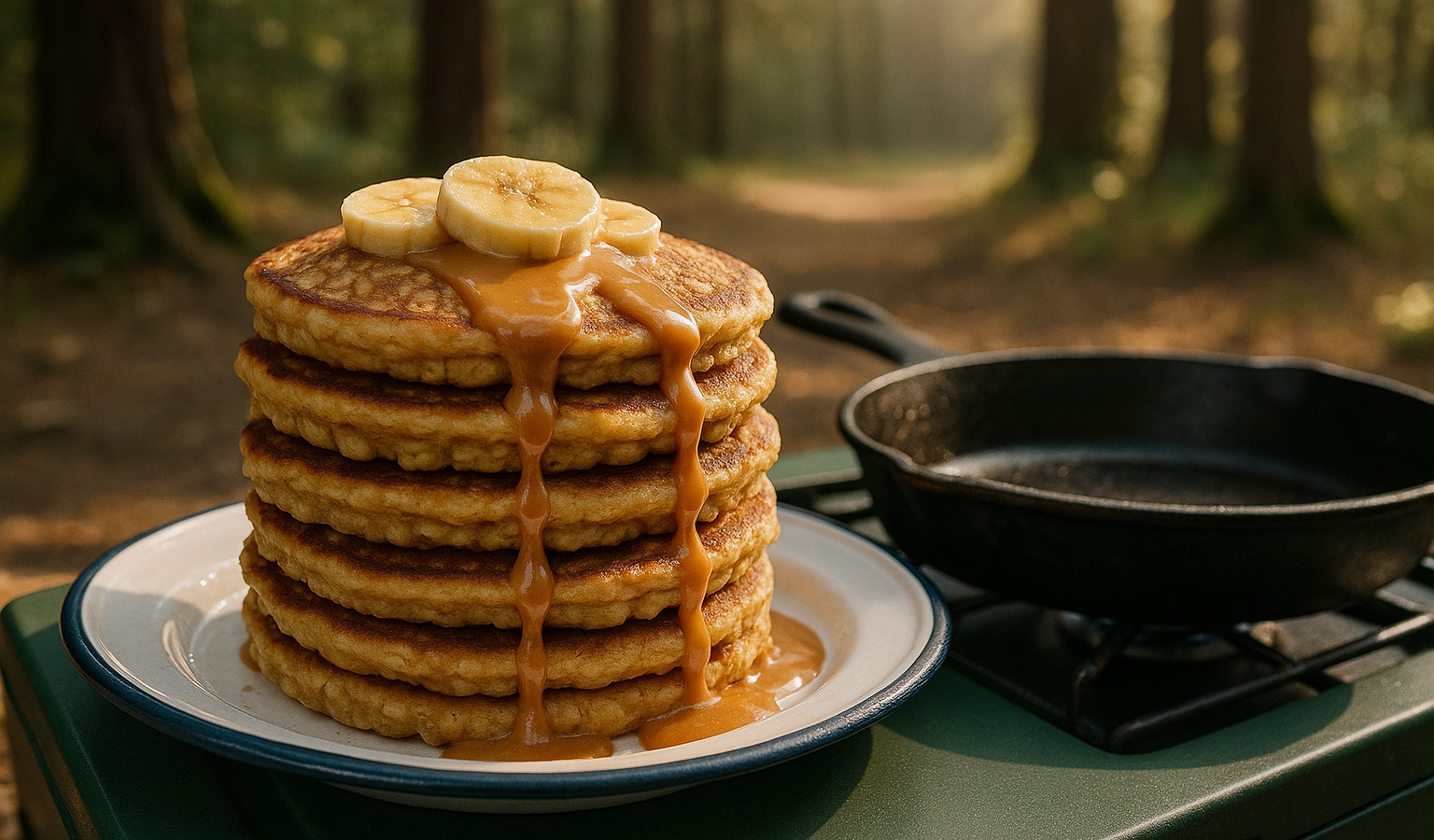 Cast-Iron Banana Oat Pancakes with Warm Peanut Butter Maple Drizzle