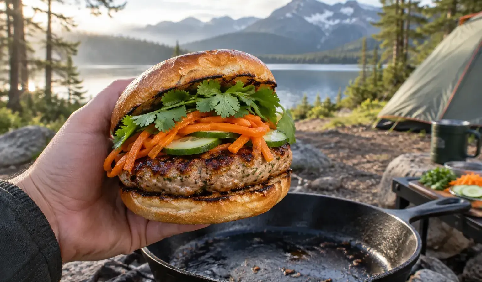 Cast-Iron Banh Mi-Style Pork Burger Sandwiches with Quick-Pickled Carrots and Chili Mayo