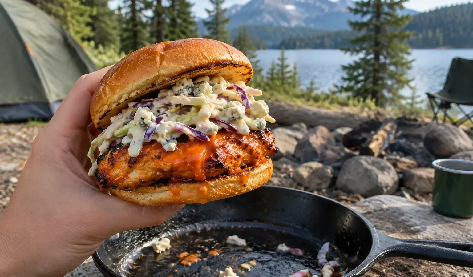 Cast-Iron Buffalo Chicken Burgers with Crunchy Blue Cheese Slaw
