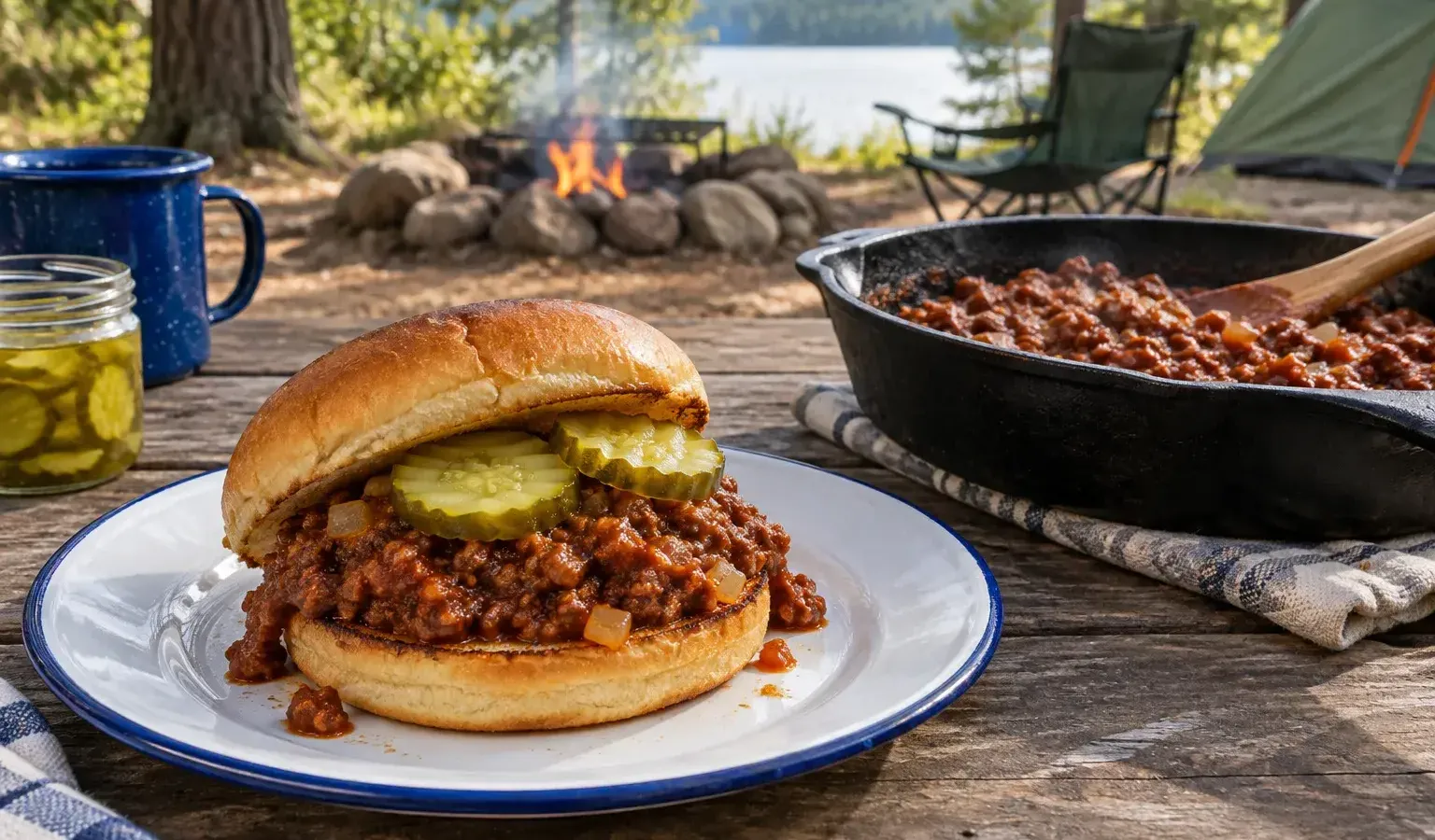 Cast-Iron Camp Sloppy Joe Sandwiches with Butter-Toasted Buns and Dill Pickles