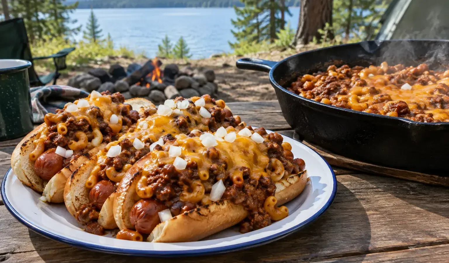 Cast-Iron Chili Cheese Dogs Topped with Skillet Chili Mac