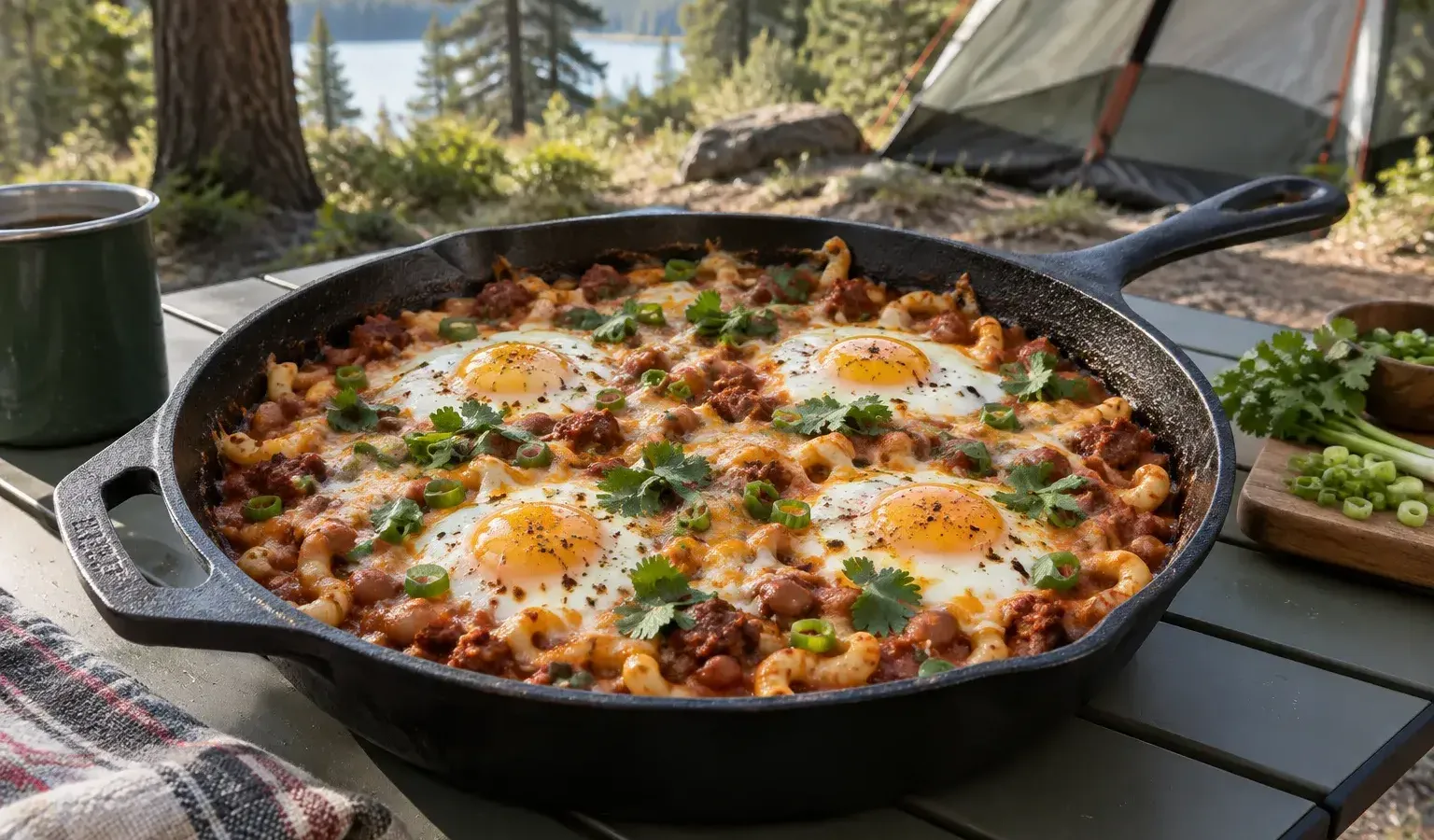 Cast-Iron Chili Mac Breakfast Skillet with Chorizo, Pinto Beans and Baked Eggs