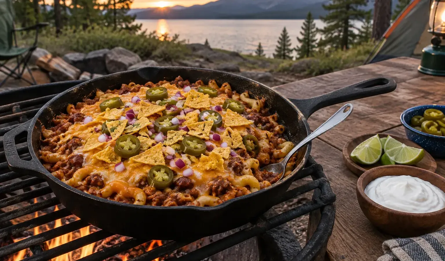 Cast-Iron Chili Mac Corn Chip Pie with Cheddar and Pickled Jalapeños
