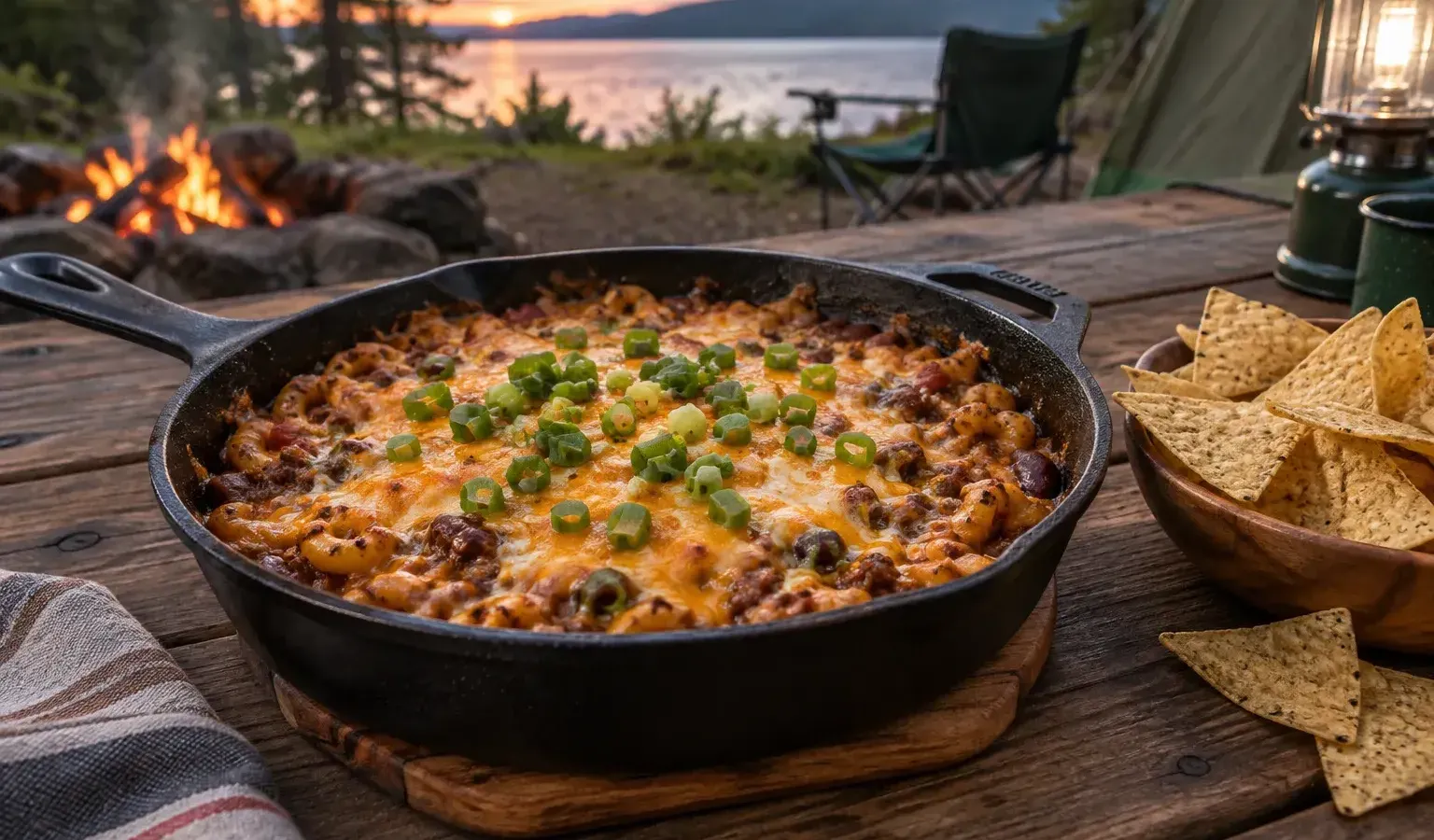 Cast-Iron Chili Mac Dip with Cheddar and Green Chiles for Camp Snacking