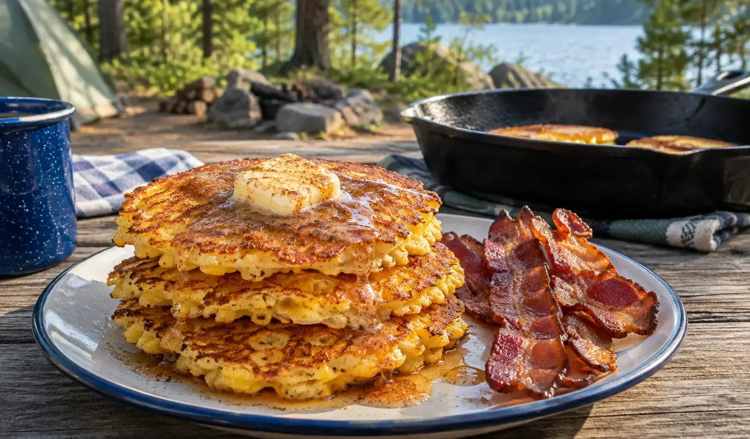 Cast-Iron Cornmeal Johnnycakes Breakfast with Crispy Bacon and Cinnamon Maple Butter