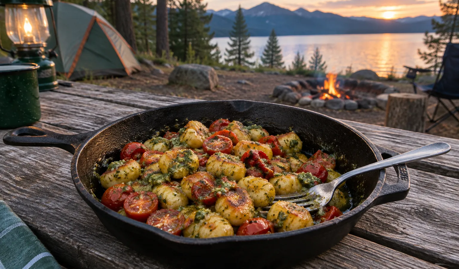 Cast-Iron Crispy Gnocchi with Blistered Tomatoes and Pesto