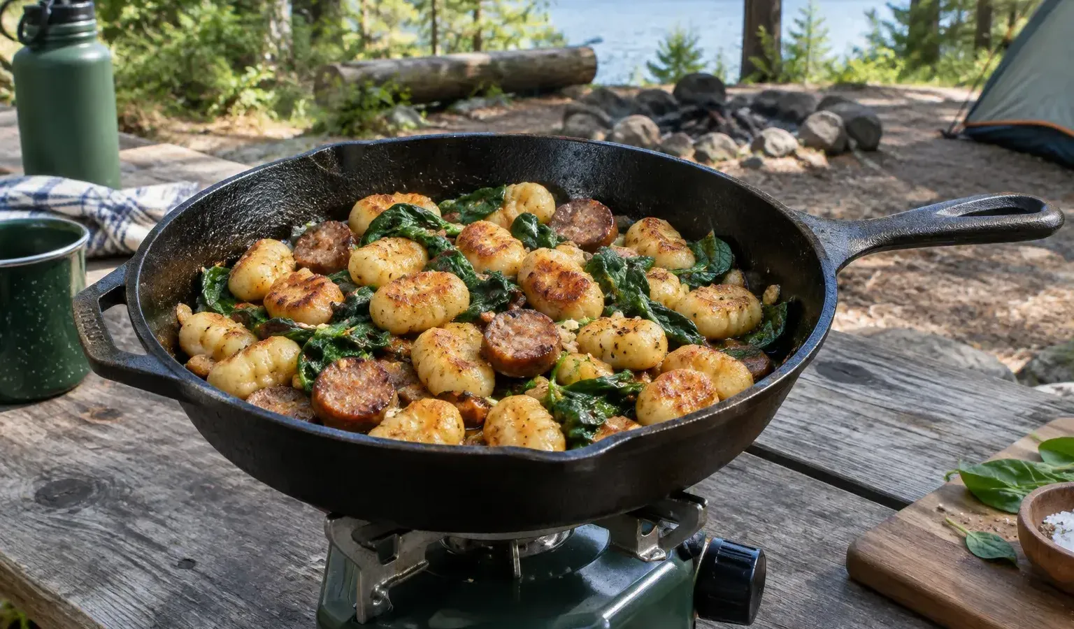 Cast-Iron Crispy Gnocchi with Smoked Sausage and Spinach