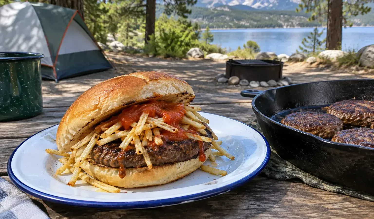 Cast-Iron Cuban Frita Burger with Chorizo, Potato Sticks and Smoky Sauce